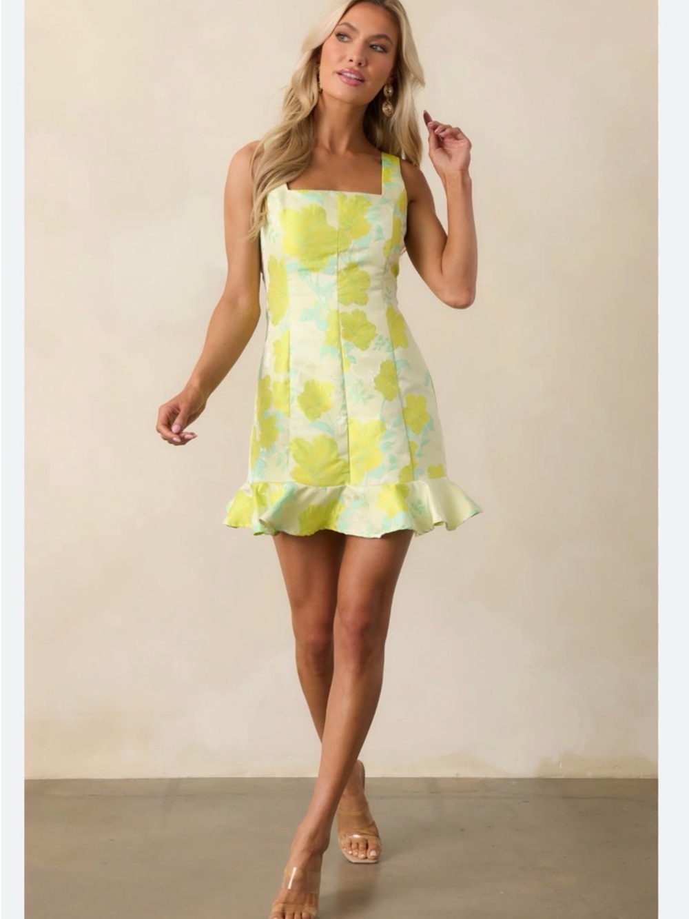 Square-Neck Yellow Floral Ruffle-Hem Mini Dress